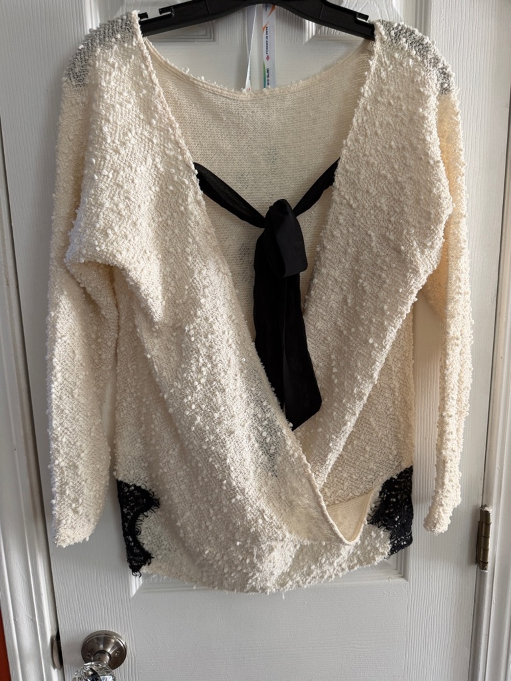 A'Reve Cream Bouclé Sweater Tie in Back Black Bow & Lace Accents at waist, M